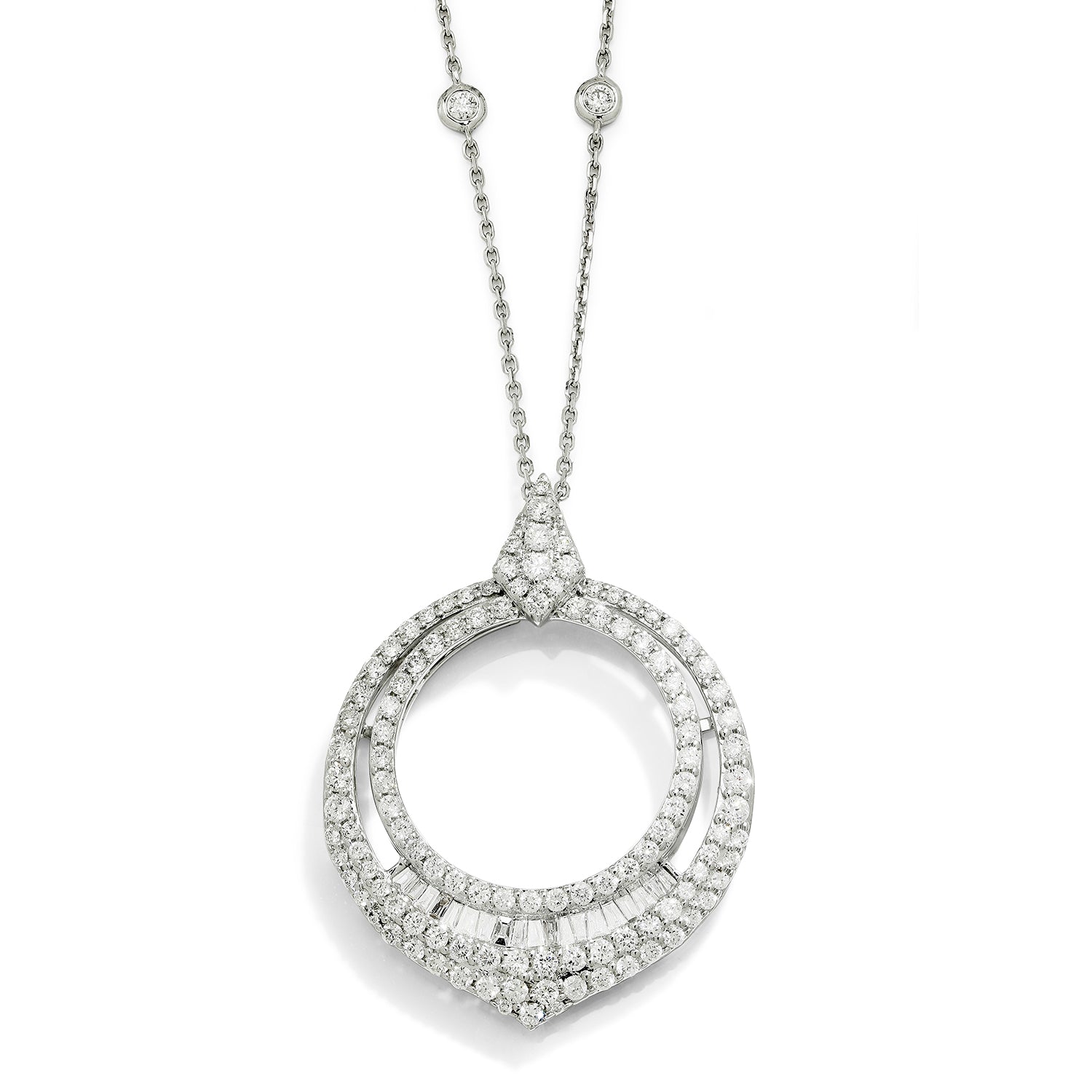 Once Upon A Diamond Pendant Necklace White Gold Round & Baguette Diamond Circle Pendant Necklace 14Kt White Gold 1.44ctw