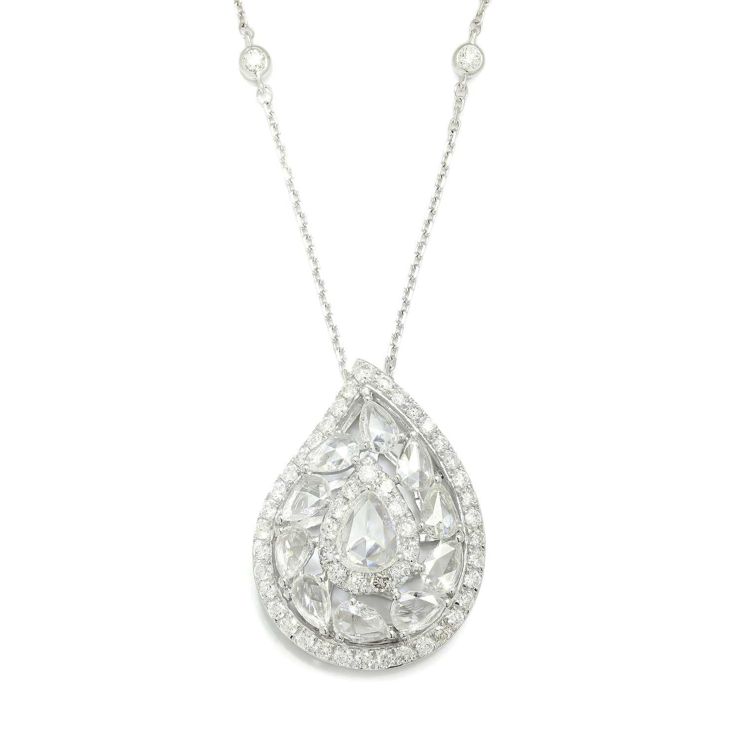 Once Upon A Diamond Pendant Necklace White Gold Tear Drop Rose Cut Diamond Pendant Necklace 14Kt White Gold 1.67ctw