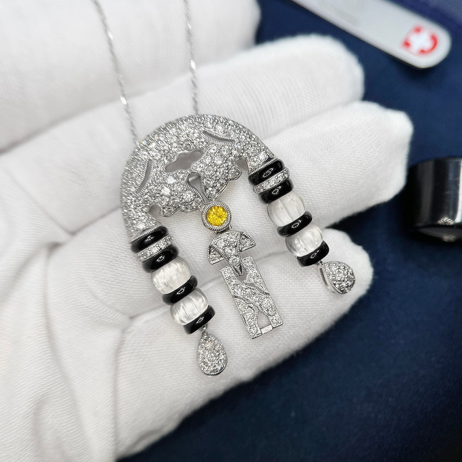 Once Upon A Diamond Pendant Necklace White Gold Vintage Yellow Sapphire & Diamond Pendant Necklace with Onyx & Crystal