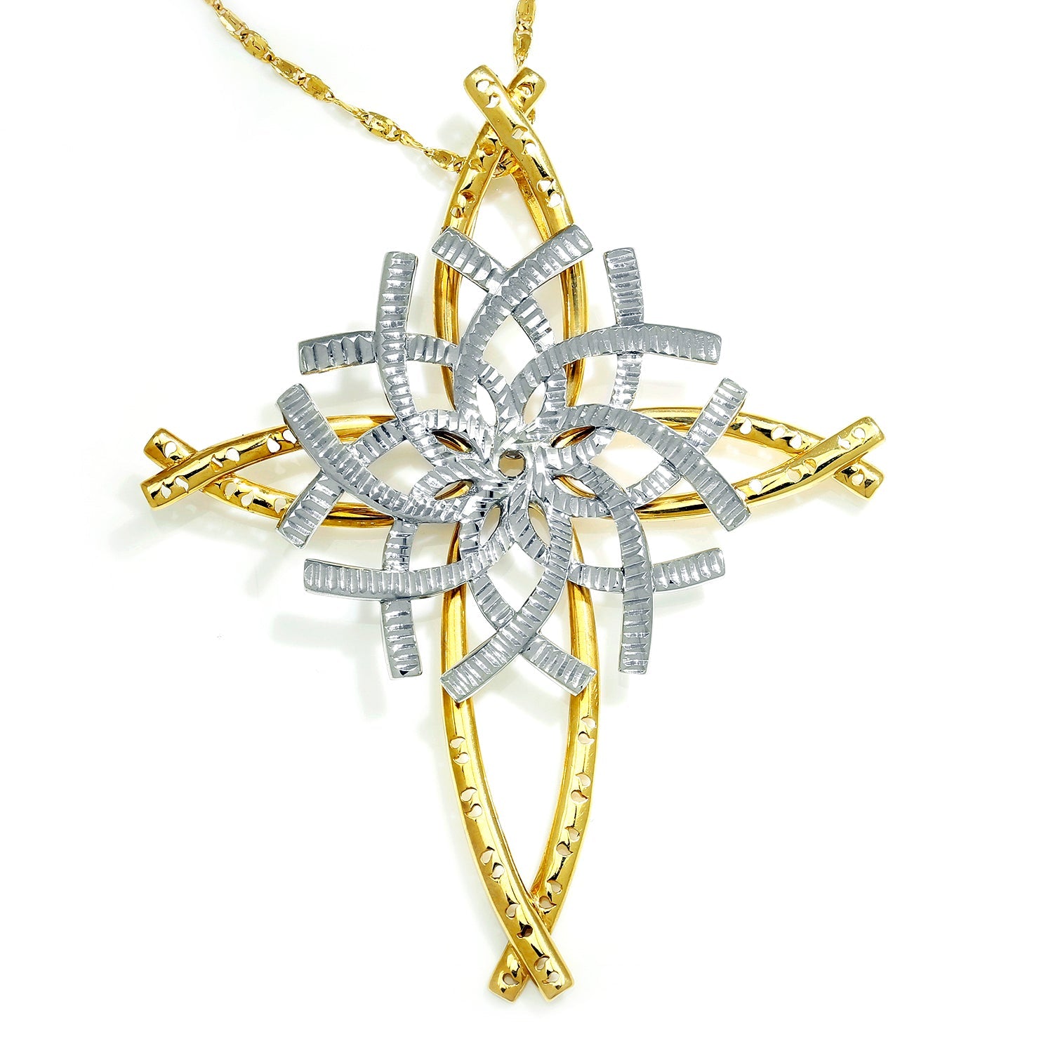 Once Upon A Diamond Pendant Necklace White & Yellow Gold Crucifix Pendant Necklace in Textured 18Kt Yellow & White Gold
