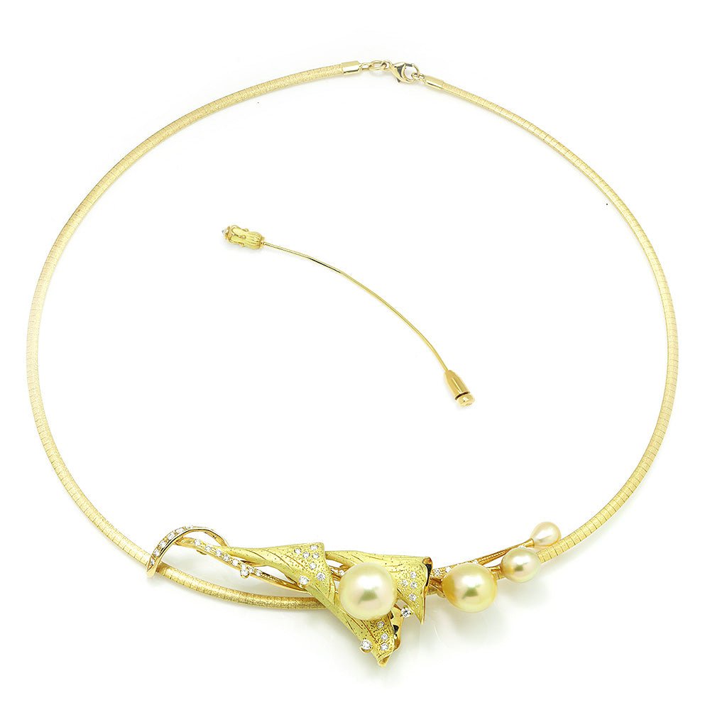 Once Upon A Diamond Pendant Necklace Yellow Gold Golden Pearl Floral Pendant Necklace Brooch with Diamonds 18K