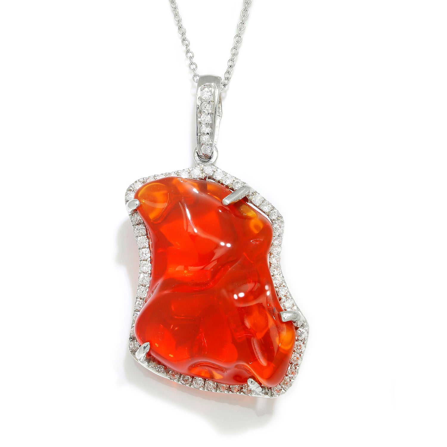 Once Upon A Diamond Pendant White Gold Freeform Fire Opal Halo Pendant with Diamonds 14K White Gold