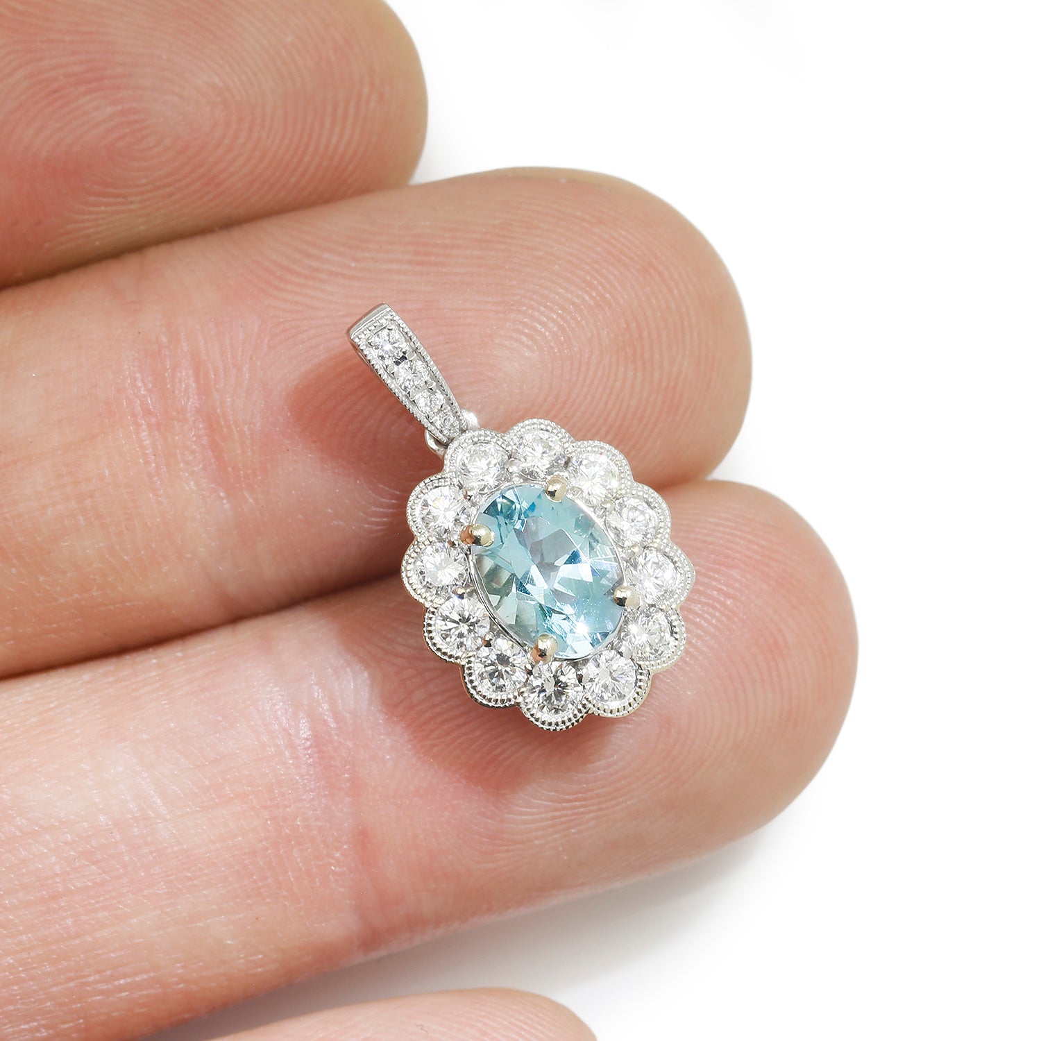 Once Upon A Diamond Pendant White Gold Oval Aquamarine Halo Pendant with Diamonds 18K White Gold