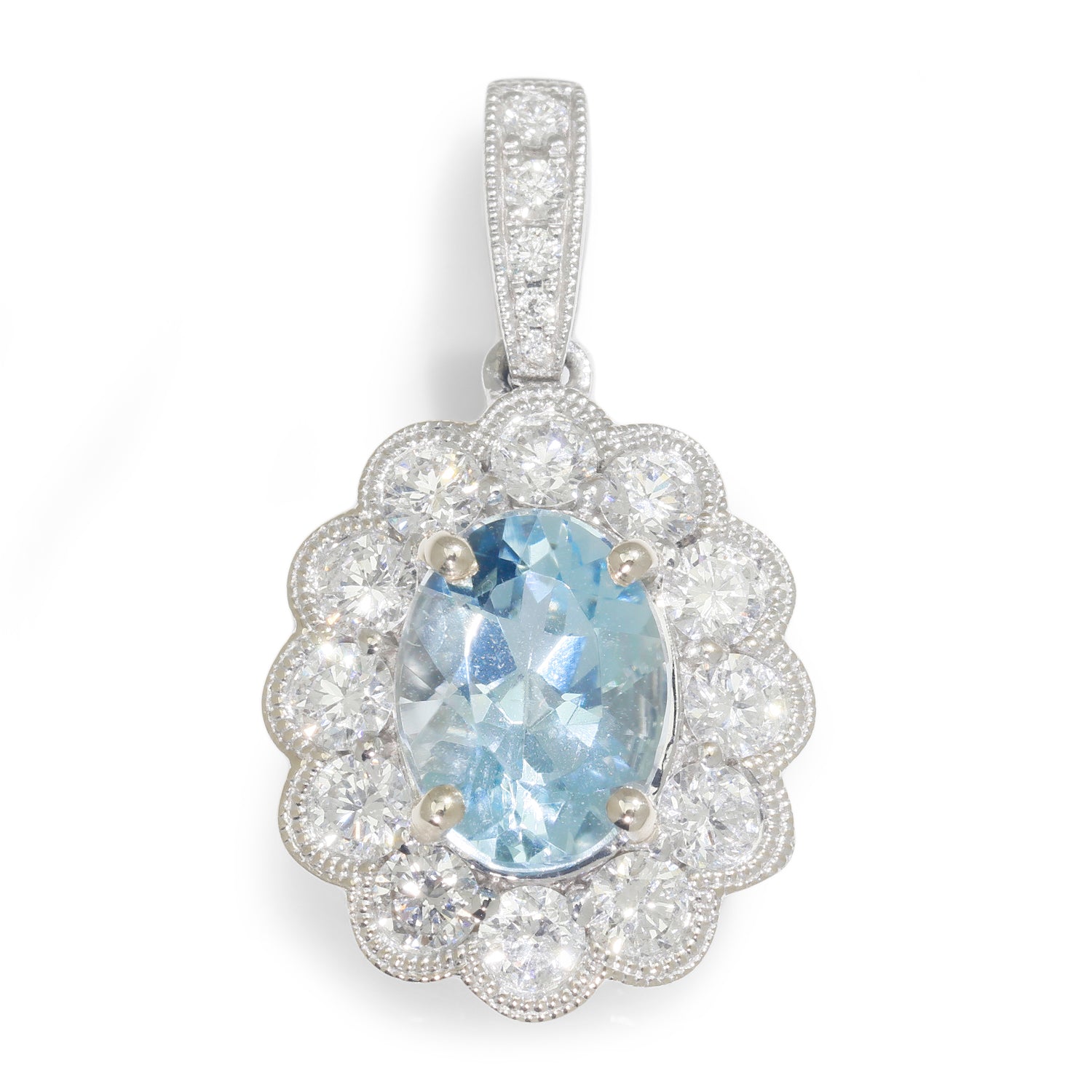 Once Upon A Diamond Pendant White Gold Oval Aquamarine Halo Pendant with Diamonds 18K White Gold