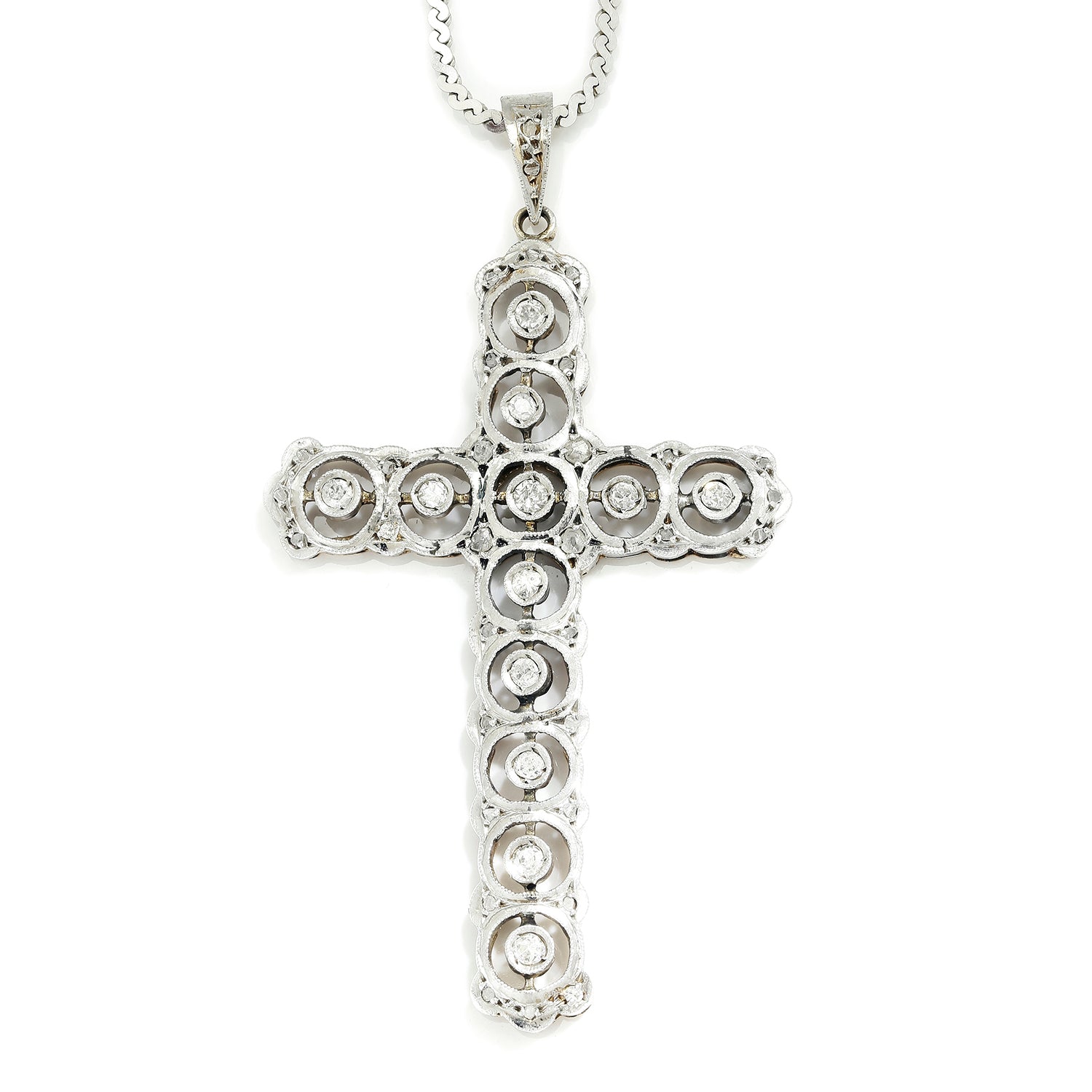 Once Upon A Diamond Pendant White & Yellow Gold Antique Diamond Cross Crucifix Pendant 14K Gold 0.25ctw