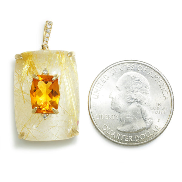 Citrine and Rutilated Quartz Pendant with Diamonds Yellow Gold - Image 3