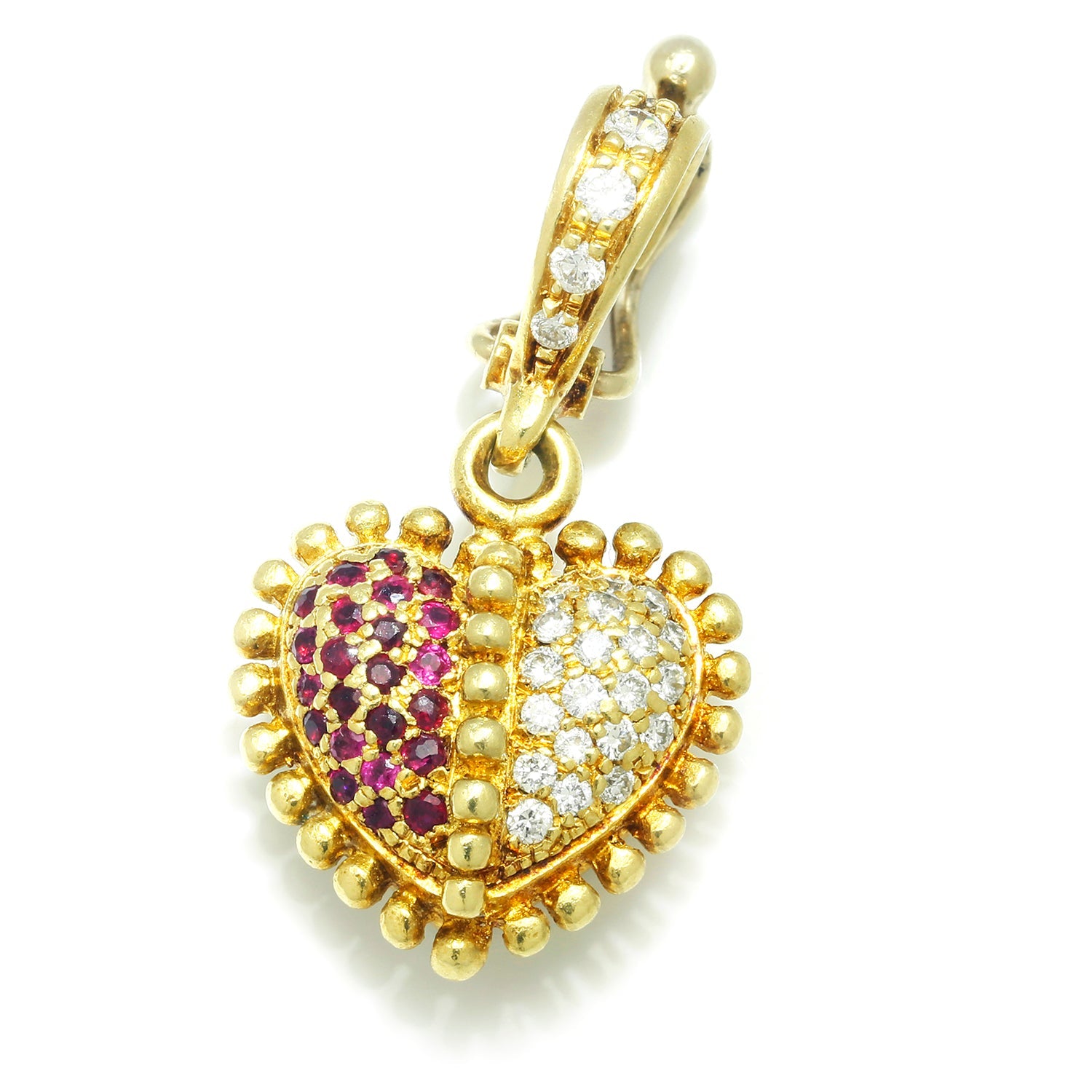 Once Upon A Diamond Pendant Yellow Gold Cynthia Bach Granulated Heart Charm with Rubies & Diamonds 18K Gold
