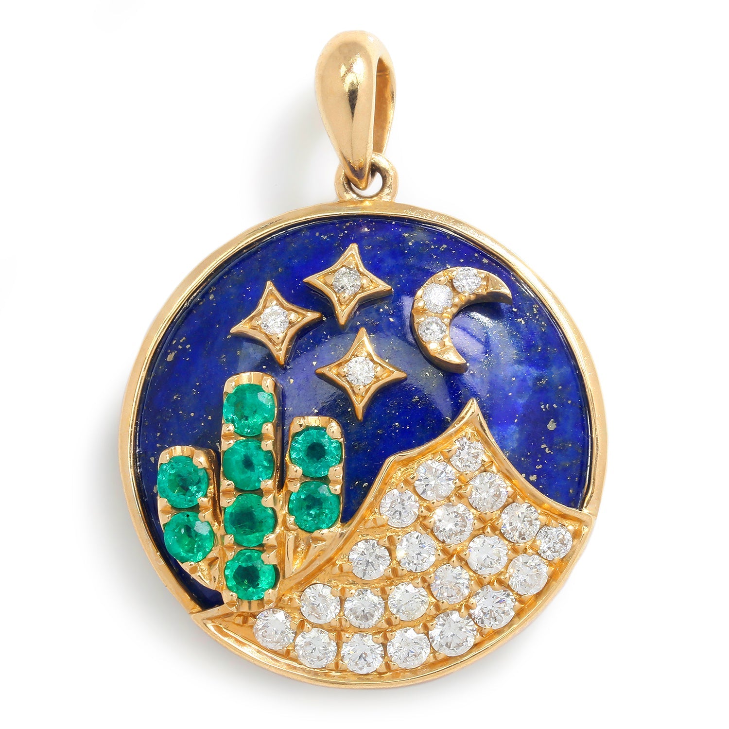 Once Upon A Diamond Pendant Yellow Gold Lapis Lazuli Pendant with Diamonds and Emeralds Yellow Gold