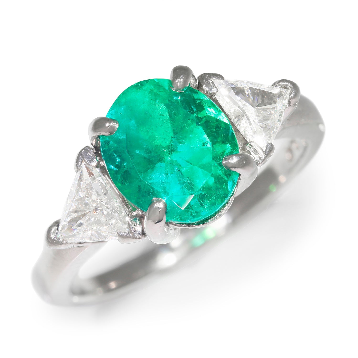 Once Upon A Diamond Ring Platinum GIA Certified Oval Colombian Emerald 3-Stone Ring with Diamonds Platinum