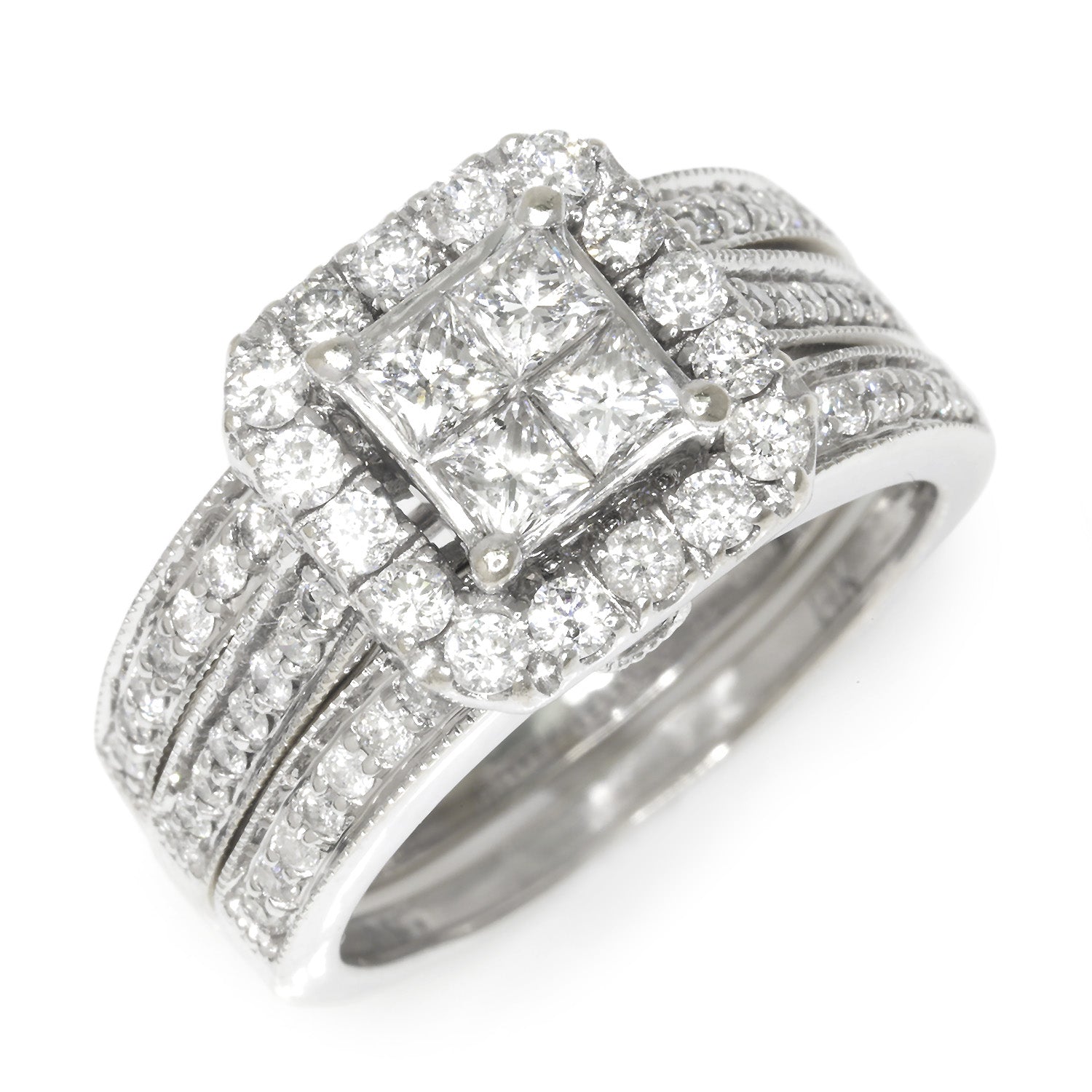 Once Upon A Diamond Ring White Gold 1.50ctw Quad Princess Cut Diamond Frame Bridal Set 14K White Gold