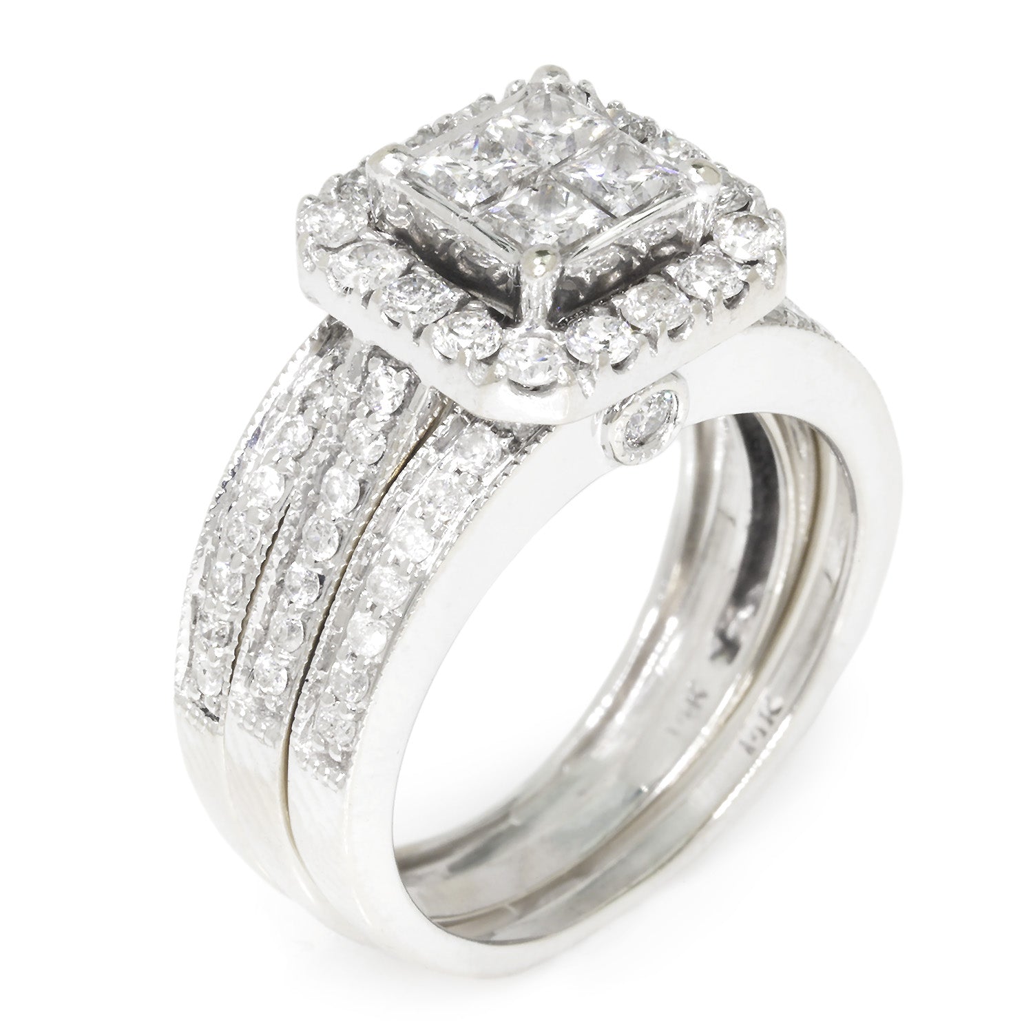 Once Upon A Diamond Ring White Gold 1.50ctw Quad Princess Cut Diamond Frame Bridal Set 14K White Gold