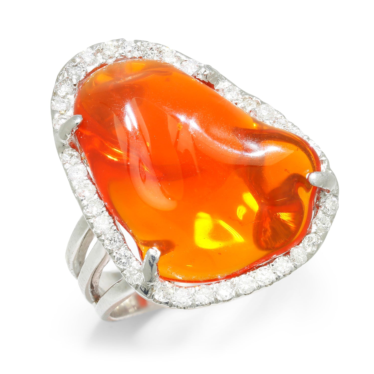 Once Upon A Diamond Ring White Gold Freeform Fire Opal Halo Ring with Diamonds 14K White Gold