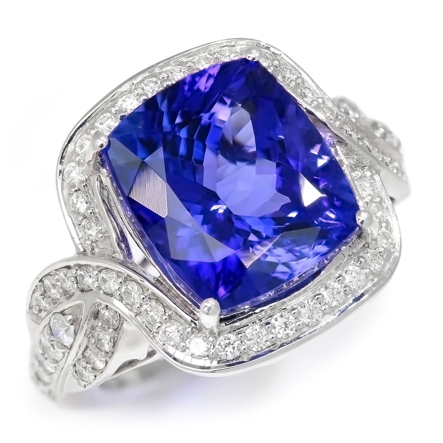 Once Upon A Diamond Ring White Gold GIA Certified Tanzanite Criss Cross Ring with Diamonds in White Gold