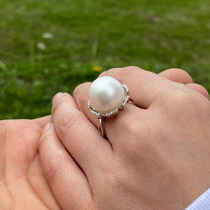 Once Upon A Diamond Ring White Gold Large South Sea Pearl & Diamond Ring 14K White Gold 14MM