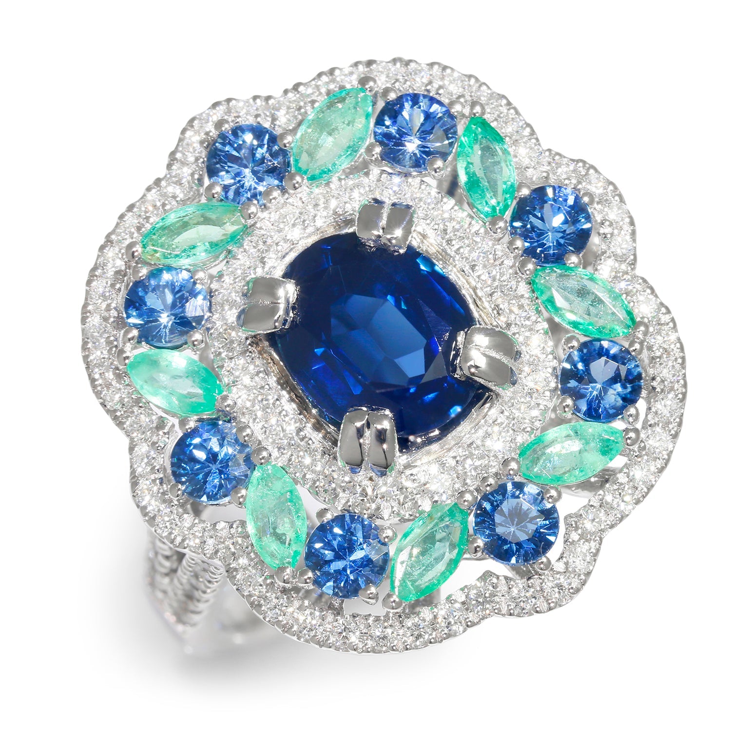 Once Upon A Diamond Ring White Gold Sapphire Ring with Emeralds, Sapphires & Diamonds White Gold 3.33ctw