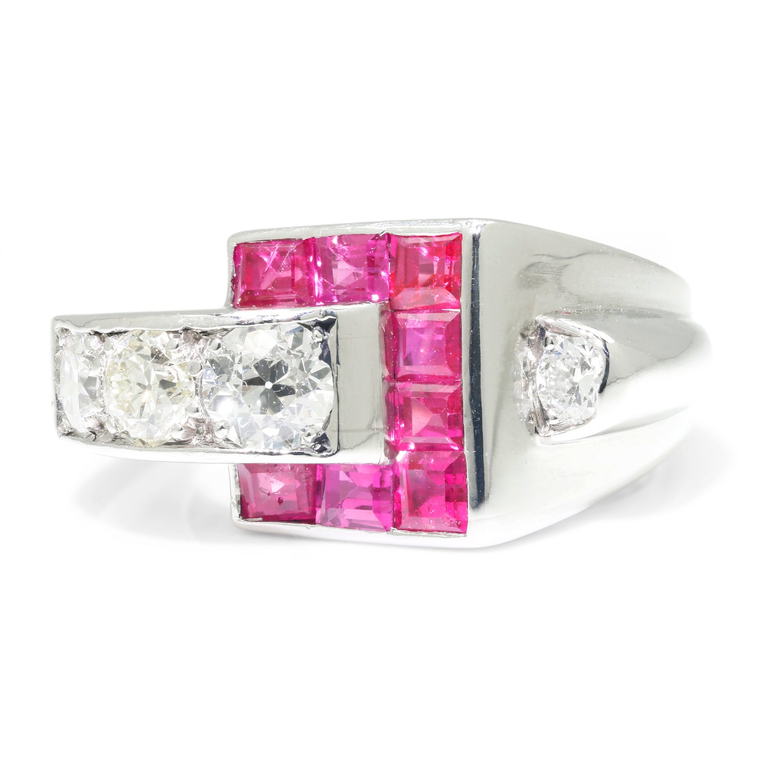 Once Upon A Diamond Ring White Gold Vintage European Diamond Ring with Rubies 18K White Gold 1.45ctw