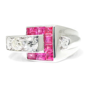 Once Upon A Diamond Ring White Gold Vintage European Diamond Ring with Rubies 18K White Gold 1.45ctw