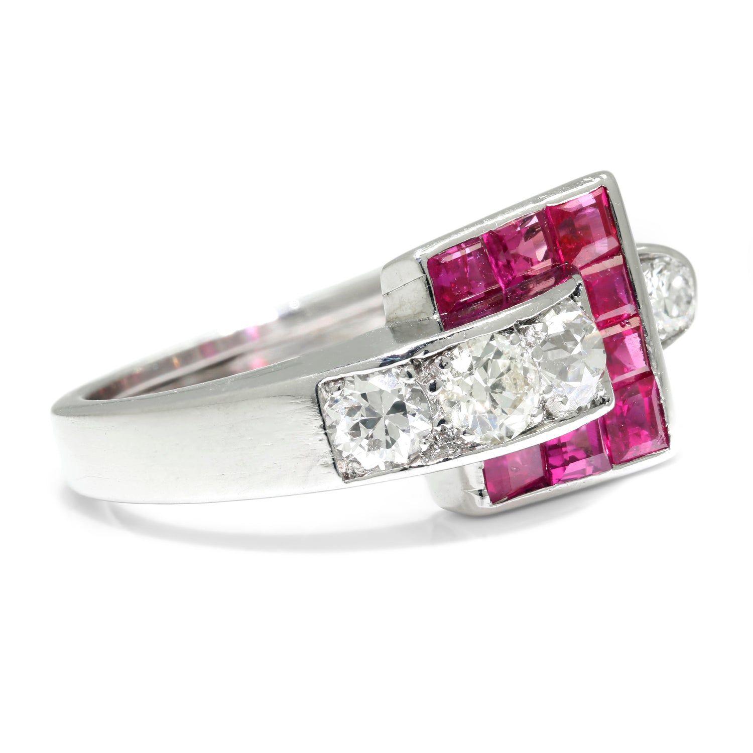 Once Upon A Diamond Ring White Gold Vintage European Diamond Ring with Rubies 18K White Gold 1.45ctw