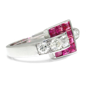 Once Upon A Diamond Ring White Gold Vintage European Diamond Ring with Rubies 18K White Gold 1.45ctw