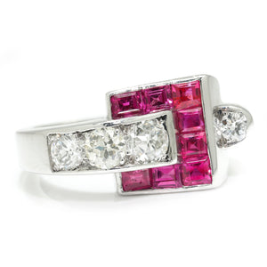 Once Upon A Diamond Ring White Gold Vintage European Diamond Ring with Rubies 18K White Gold 1.45ctw