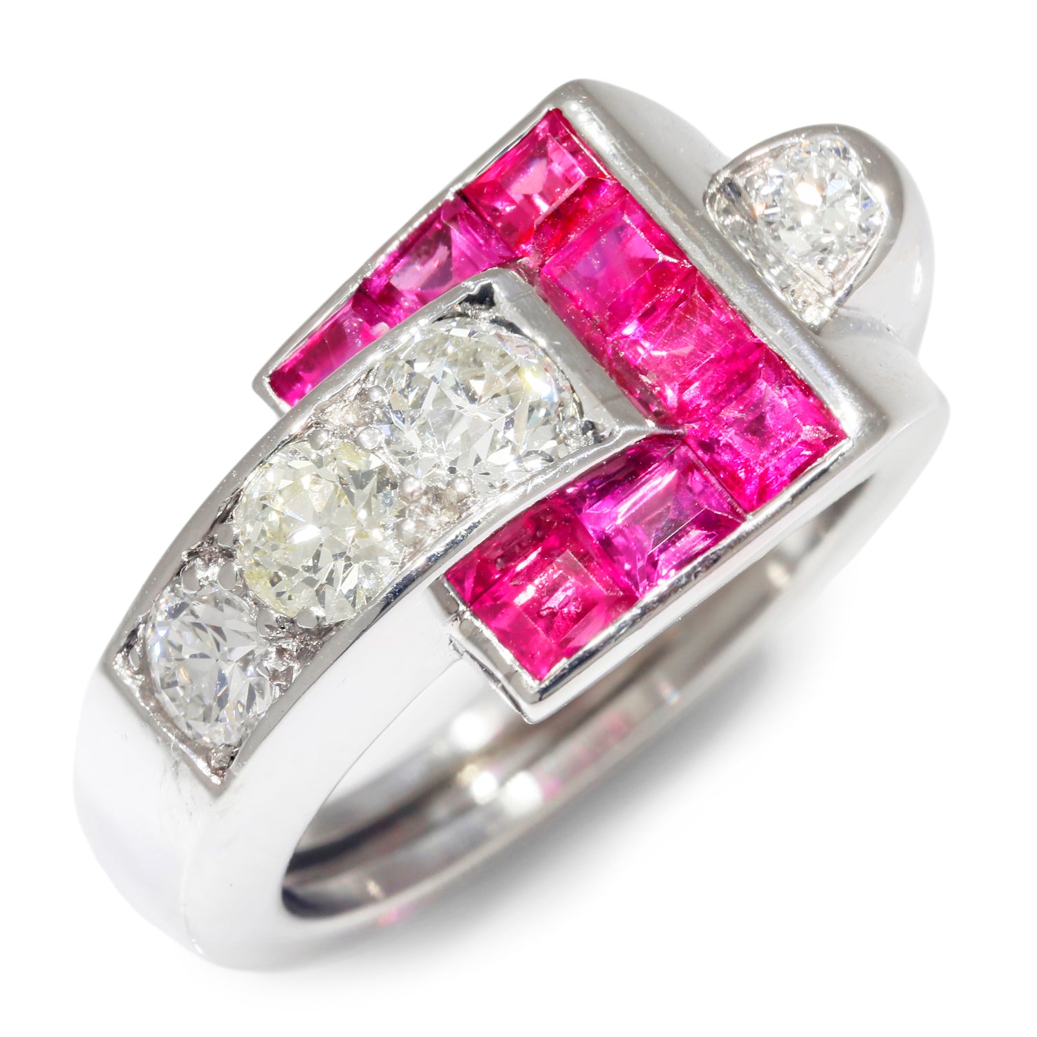 Once Upon A Diamond Ring White Gold Vintage European Diamond Ring with Rubies 18K White Gold 1.45ctw