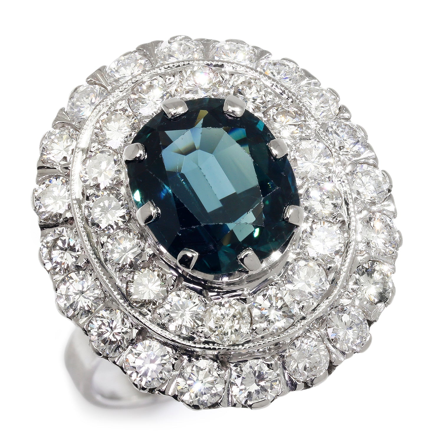 Once Upon A Diamond Ring White Gold Vintage Greenish Blue Sapphire Ring with Diamonds White Gold 5.00ctw
