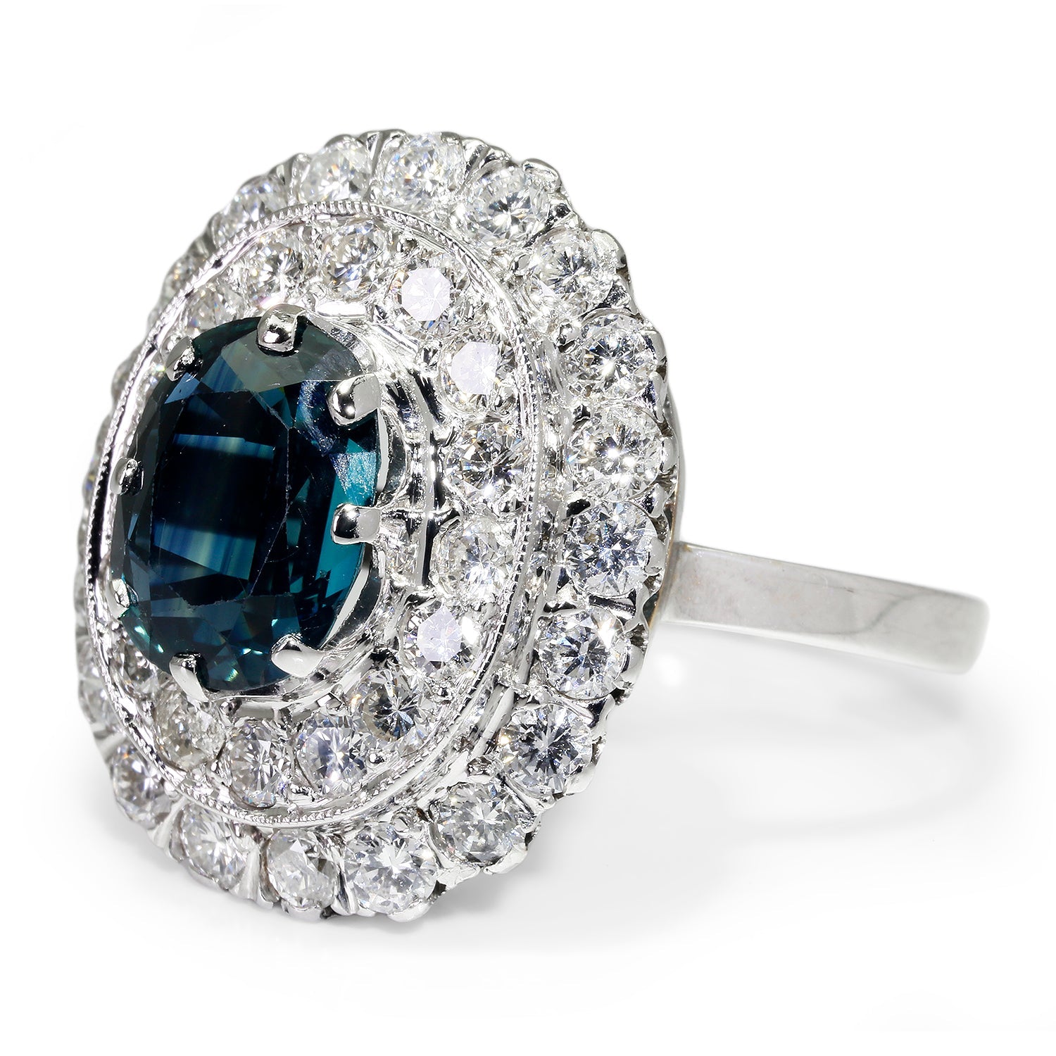 Once Upon A Diamond Ring White Gold Vintage Greenish Blue Sapphire Ring with Diamonds White Gold 5.00ctw