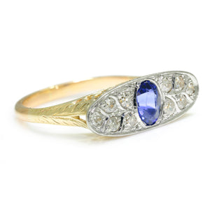 Once Upon A Diamond Ring White & Yellow Gold Antique Oval Sapphire Filigree Ring with Diamonds Two-Tone Gold