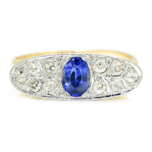 Once Upon A Diamond Ring White & Yellow Gold Antique Oval Sapphire Filigree Ring with Diamonds Two-Tone Gold