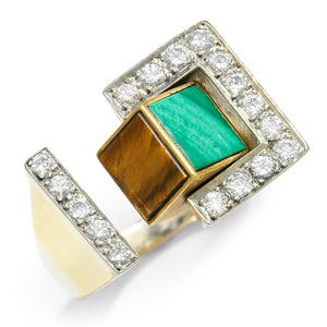 Once Upon A Diamond Ring White & Yellow Gold Designer Rotating Flip-Top Ring with Gems & Diamonds 18K Gold