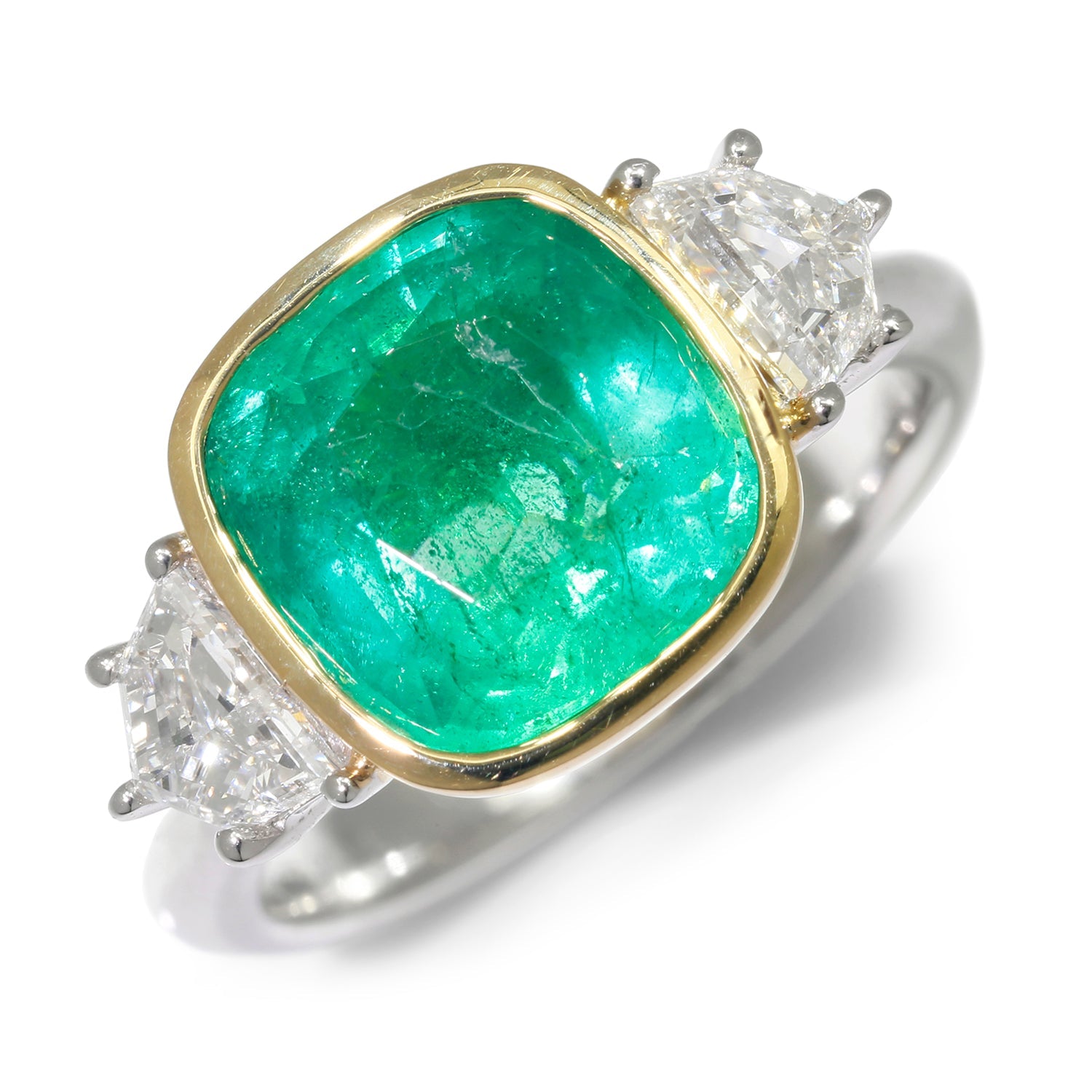 Once Upon A Diamond Ring White & Yellow Gold GIA Certified Bezel Set Emerald 3-Stone Diamond Ring 18K Two-Tone