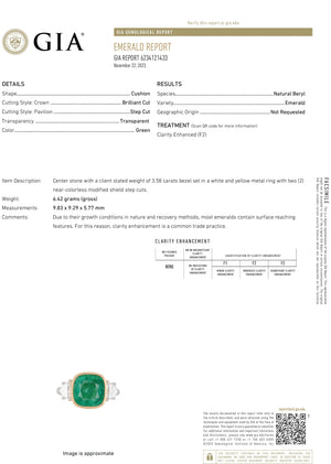 Once Upon A Diamond Ring White & Yellow Gold GIA Certified Bezel Set Emerald 3-Stone Diamond Ring 18K Two-Tone