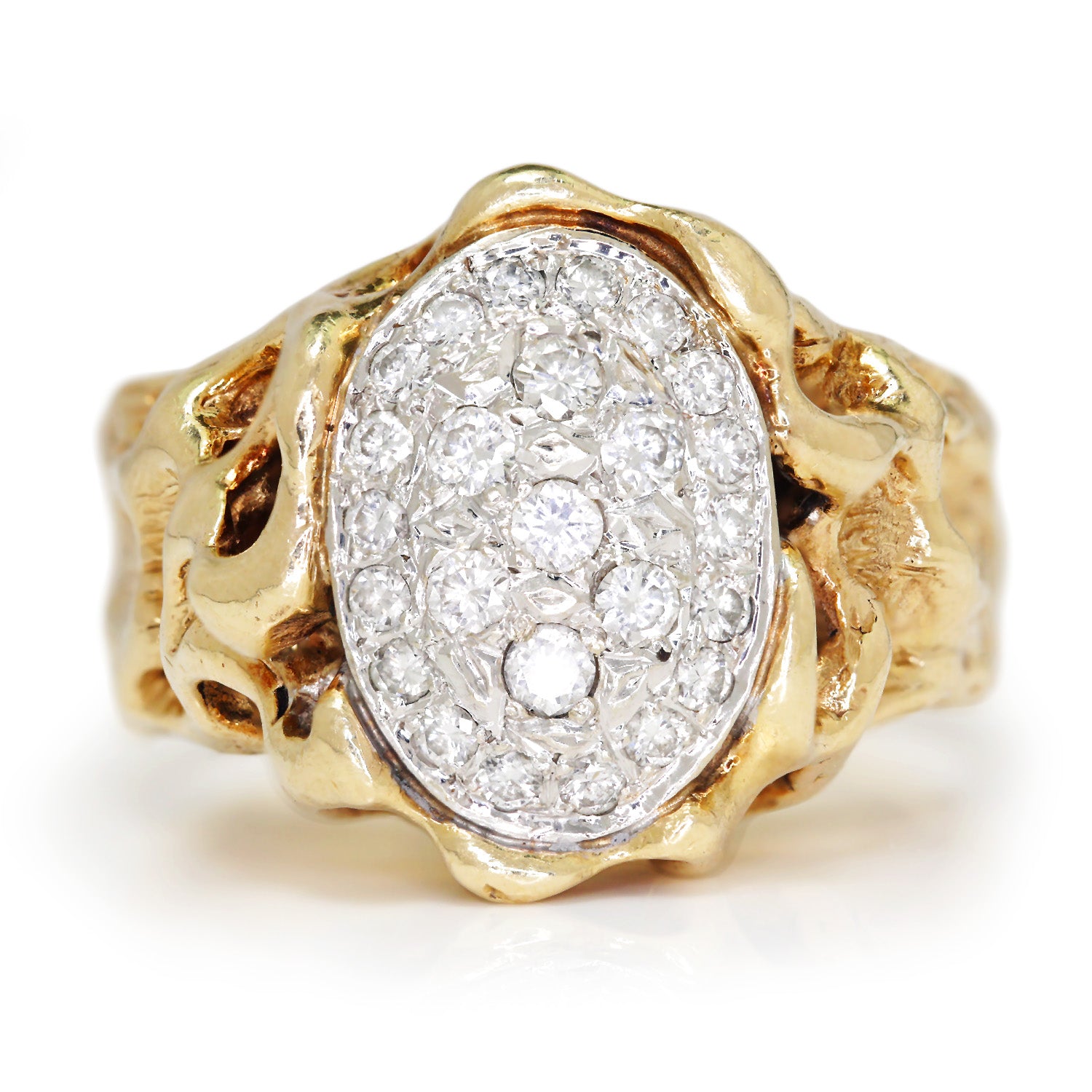 Once Upon A Diamond Ring White & Yellow Gold Men's Diamond Nugget Ring 14K Heavy Two-Tone Gold 0.75ctw SZ-14