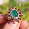 Once Upon A Diamond Ring White & Yellow Gold Vintage Oval Cabochon Emerald Ring with Diamonds & Rubies 18K