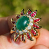 Once Upon A Diamond Ring White & Yellow Gold Vintage Oval Cabochon Emerald Ring with Diamonds & Rubies 18K