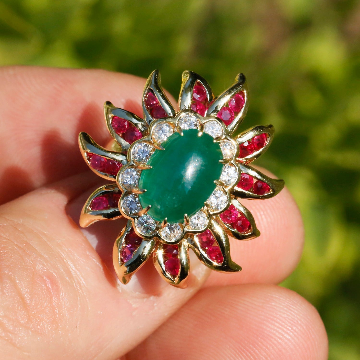 Once Upon A Diamond Ring Yellow Gold Vintage Oval Cabochon Emerald Ring with Diamonds & Rubies 18K
