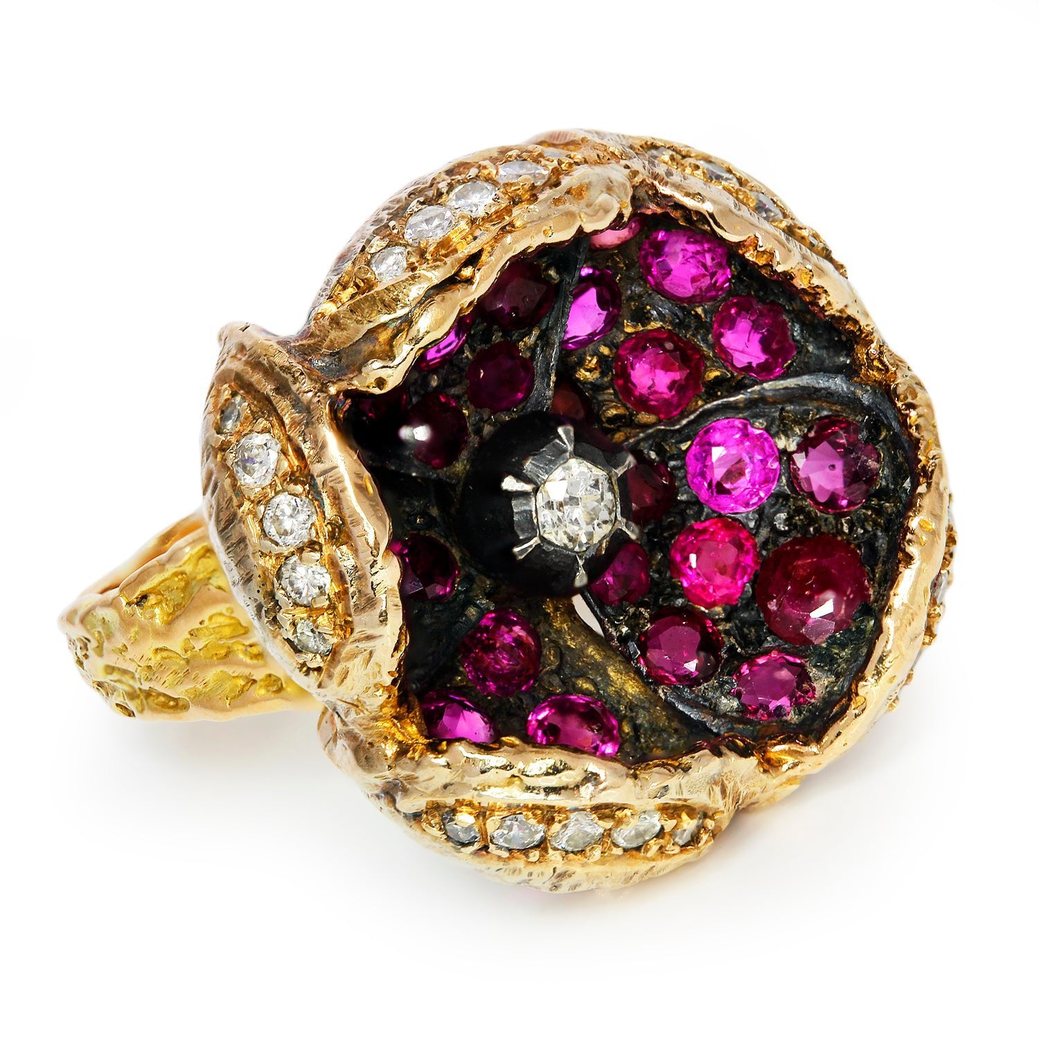 Once Upon A Diamond Ring Yellow & Black Oxidized Gold Vintage Flower Blossom Diamond Ring with Rubies 14K Gold
