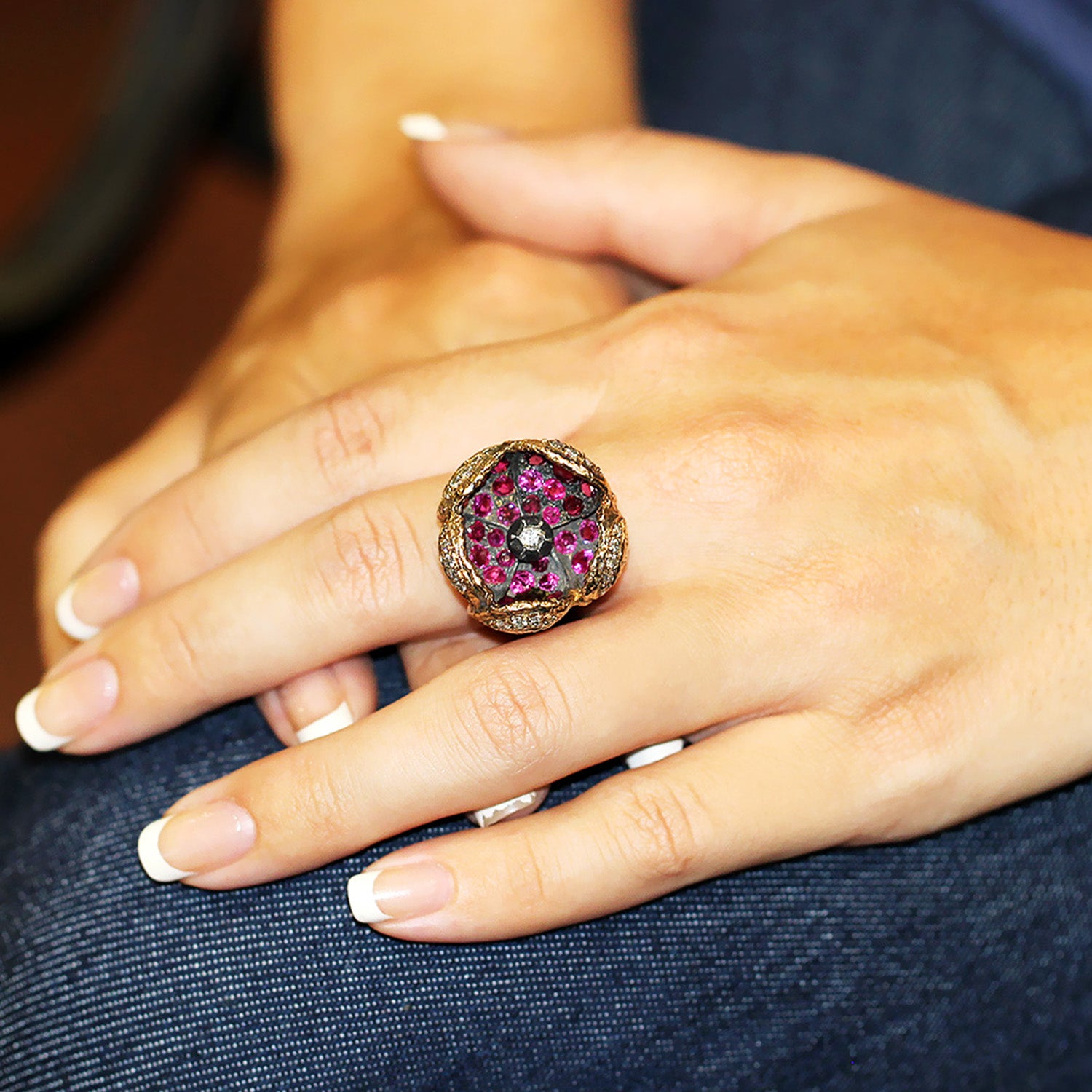 Once Upon A Diamond Ring Yellow & Black Oxidized Gold Vintage Flower Blossom Diamond Ring with Rubies 14K Gold