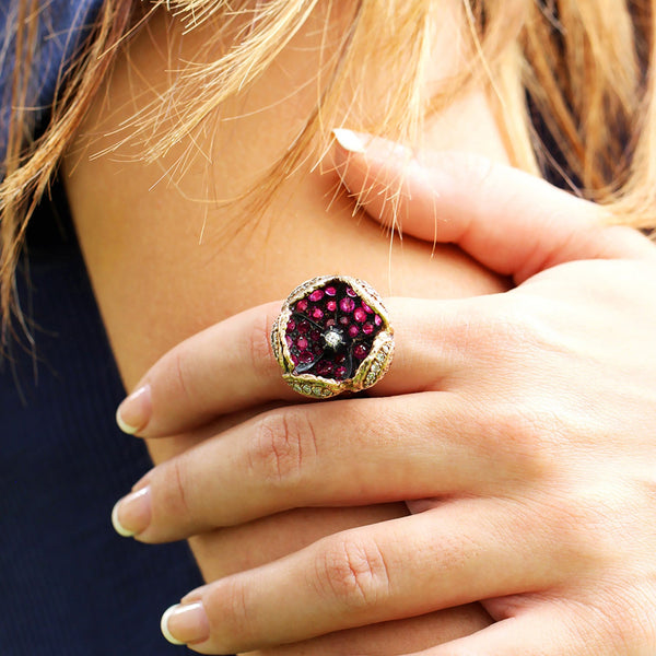 Vintage Flower Blossom Diamond Ring with Rubies 14K Gold - Image 3