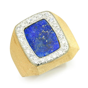 Once Upon A Diamond Ring Yellow Gold Lapis Lazuli Halo Men's Ring with Diamonds 14K Yellow Gold