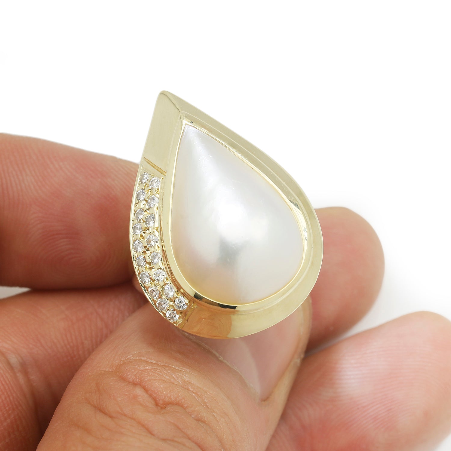 Once Upon A Diamond Ring Yellow Gold Maurice Katz Teardrop Mabe Pearl Ring with Diamonds Yellow Gold