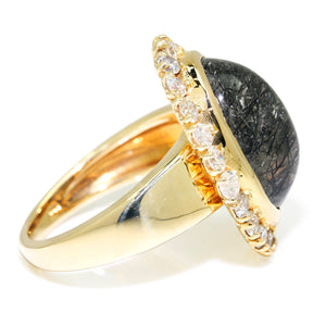 Once Upon A Diamond Ring Yellow Gold Oval Cabochon Rutilated Quartz Halo Ring with Diamonds 14K Gold