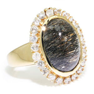 Once Upon A Diamond Ring Yellow Gold Oval Cabochon Rutilated Quartz Halo Ring with Diamonds 14K Gold