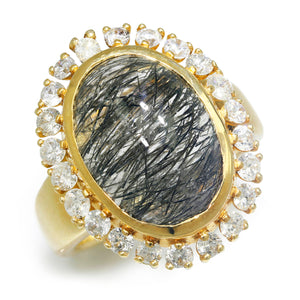 Once Upon A Diamond Ring Yellow Gold Oval Cabochon Rutilated Quartz Halo Ring with Diamonds 14K Gold