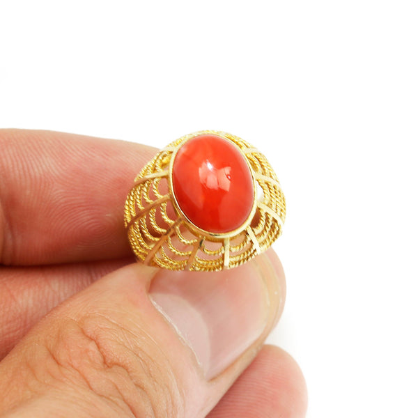 Oval Coral Solitaire Rope Ladder Ring 18K Yellow Gold - Image 2
