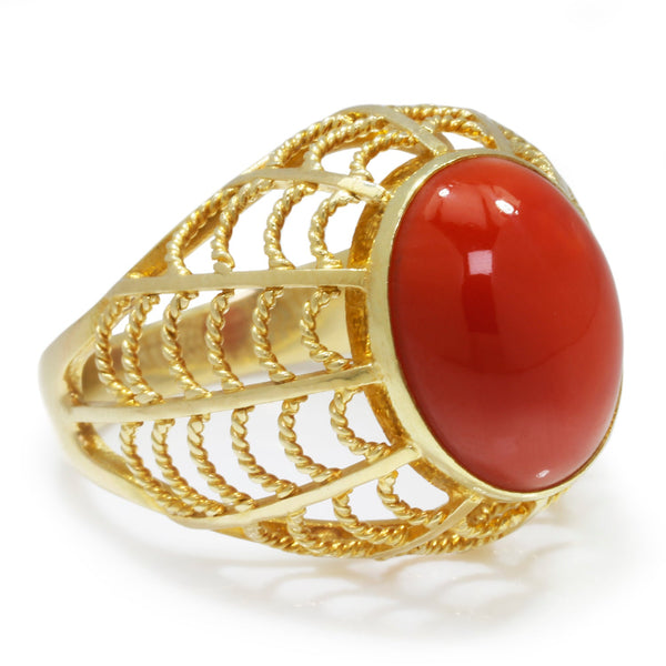 Oval Coral Solitaire Rope Ladder Ring 18K Yellow Gold - Image 3