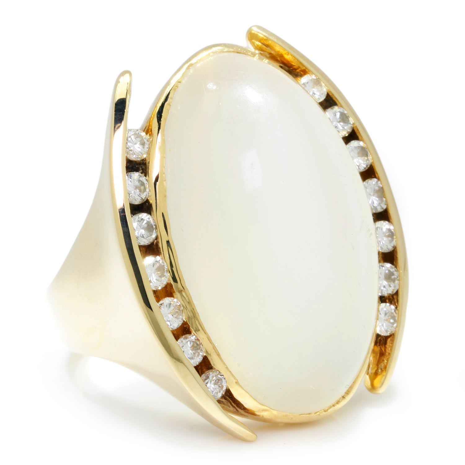 Once Upon A Diamond Ring Yellow Gold Oval White Cat's Eye Ring with Diamonds Yellow Gold
