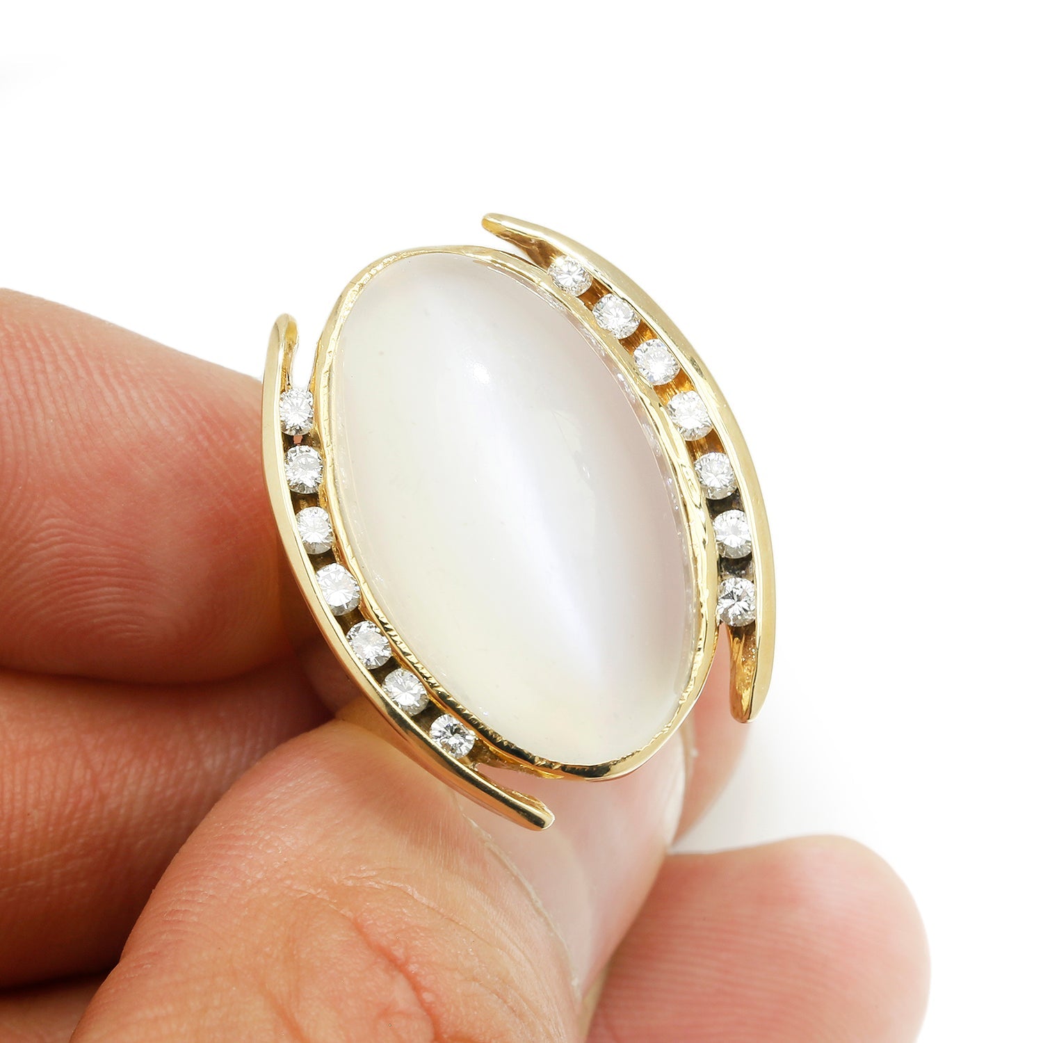 Once Upon A Diamond Ring Yellow Gold Oval White Cat's Eye Ring with Diamonds Yellow Gold