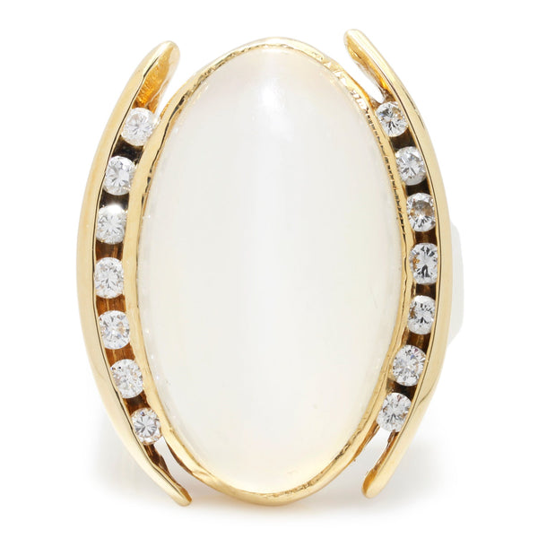 Oval White Cat's Eye Ring with Diamonds Yellow Gold - Image 3