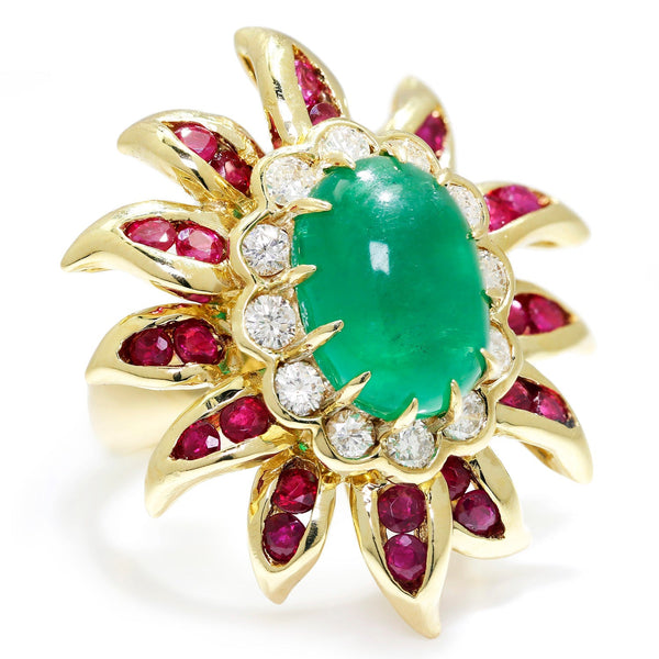 Vintage Emerald Flower Ring with Diamonds & Rubies 18K Gold - Image 3